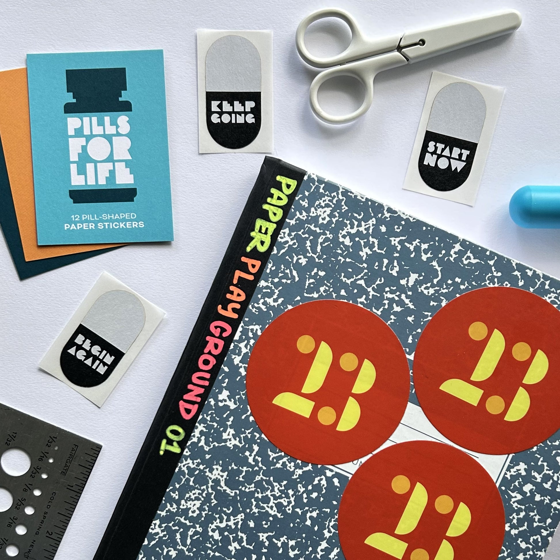 Pills for Life flatlay with junk journal and stickers