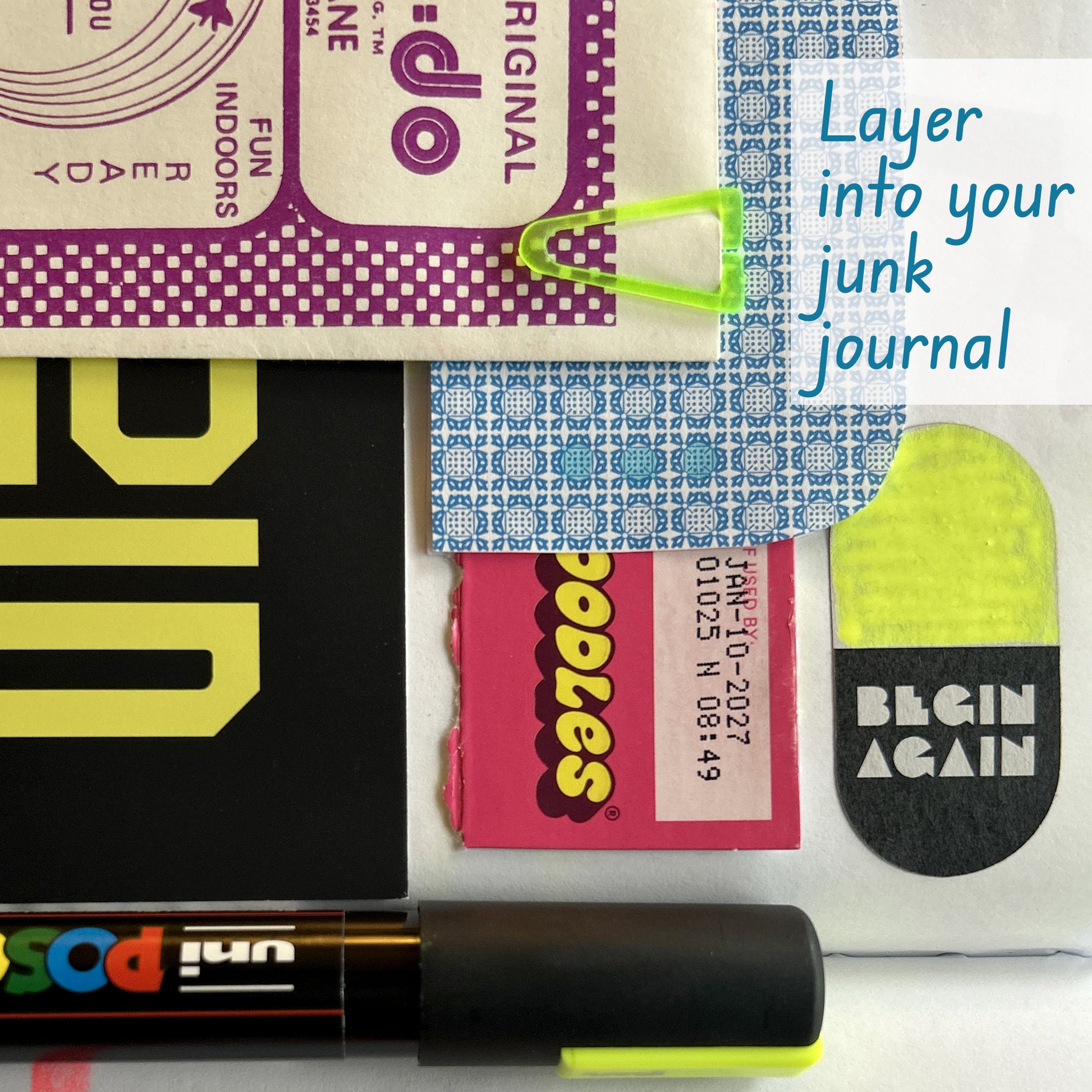 Close-up of junk journal spread featuring Begin Again Pills for Life sticker